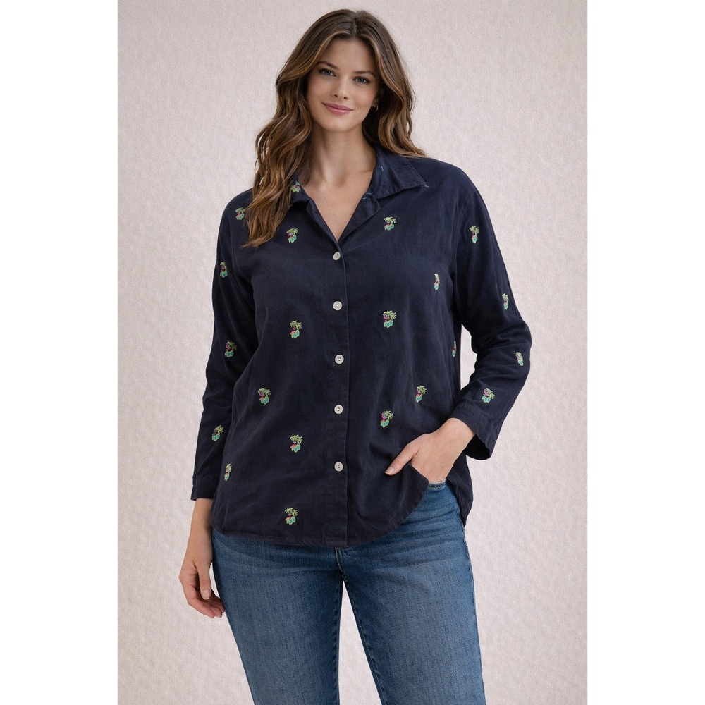 Bobby Chan Silk Cotton Embroidered Flamingo‎ Palm Tree Button Down Shirt Large